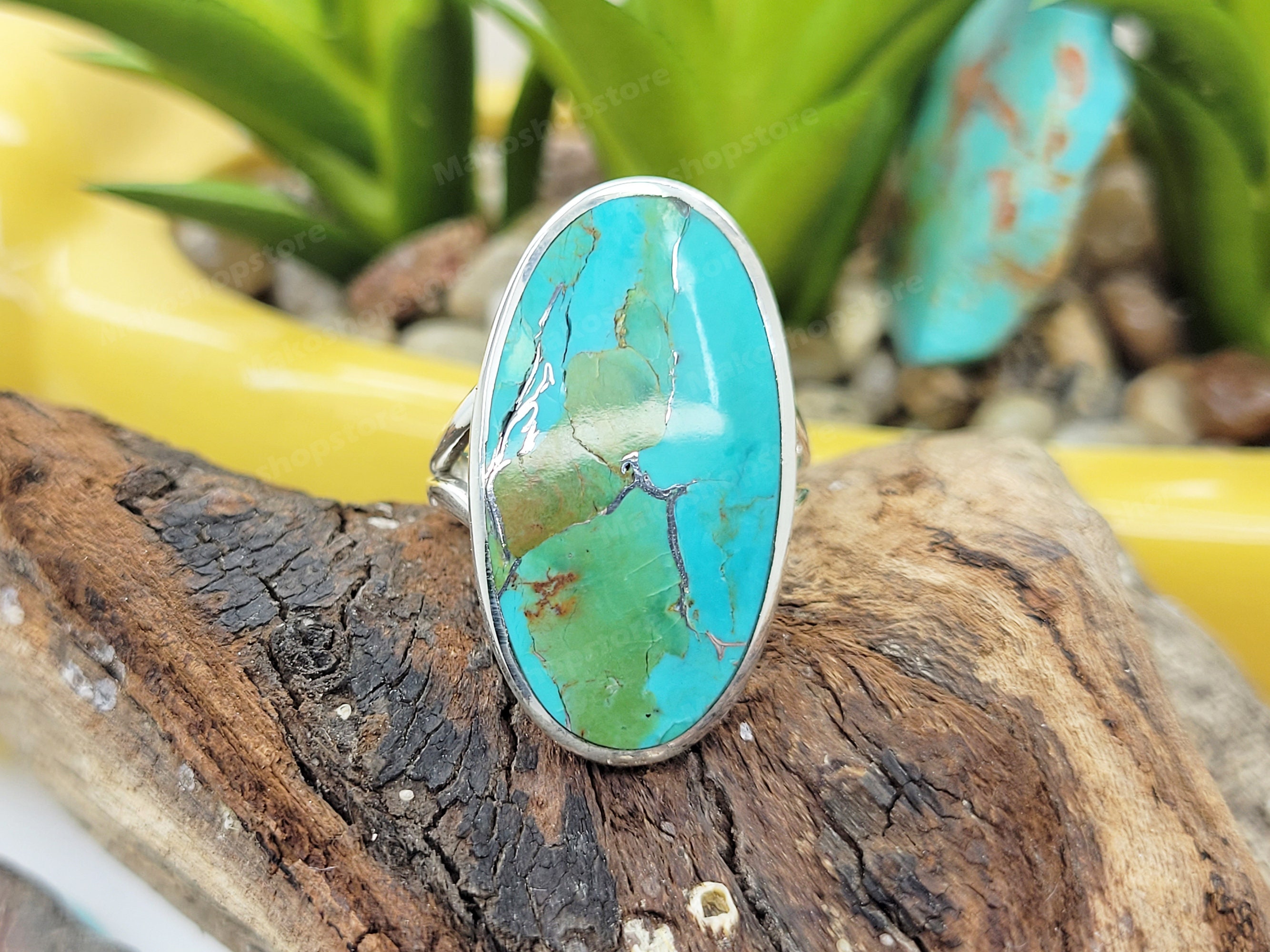 大きな楕円形の本物のターコイズカボションリング、女性用