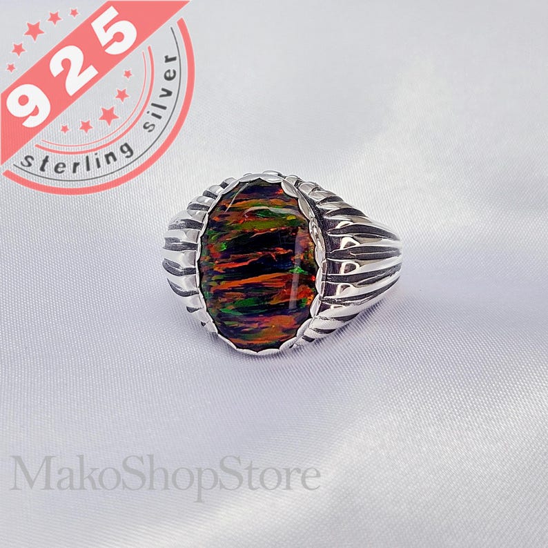 Black Opal Men's Ring Size 7 Through 13.5 in Sterling Silver 925