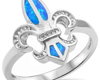 Anillo de plata de ley con incrustaciones de flor de lis y ópalo azul, 0,925