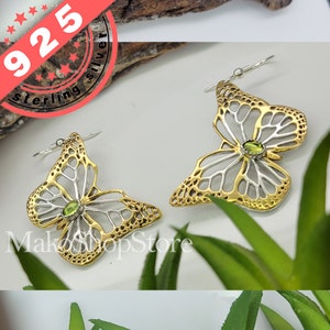 Aretes Grandes Mariposa MONARCA en Plata de Ley 925 con/sin Gema a elección en plata de ley con baño de Oro de 18k