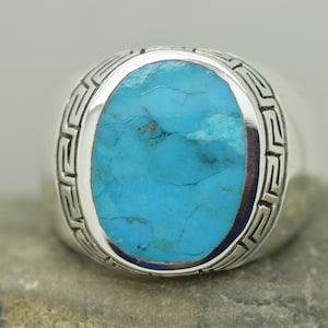Inlay Genuine Turquoise Men Ring size 12 in Sterling Silver 925
