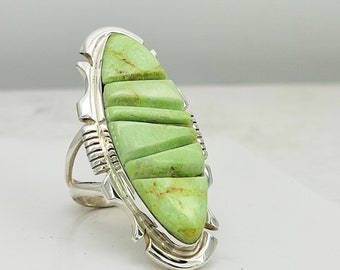 Inlay Mosaic Ladie's Ring Genuine Green Gaspeite in Sterling Silver 925 size 5