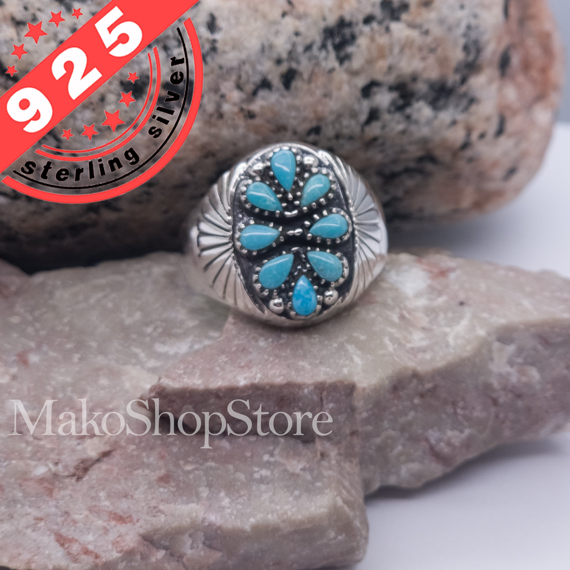 8 Genuine Sleeping Beauty Turquoise Men Ring in Sterling Silver 925 - Etsy