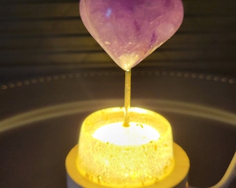 Handmade real Amethyst Stone 3D Heart carving nightlight on stand with gift box Unique