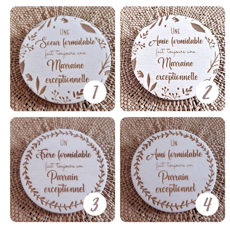 Magnet en bois gravé Citation, Cadeau pour Parrain, Marraine Demande Parrain/Marraine Annonce naissance zdjęcie 4