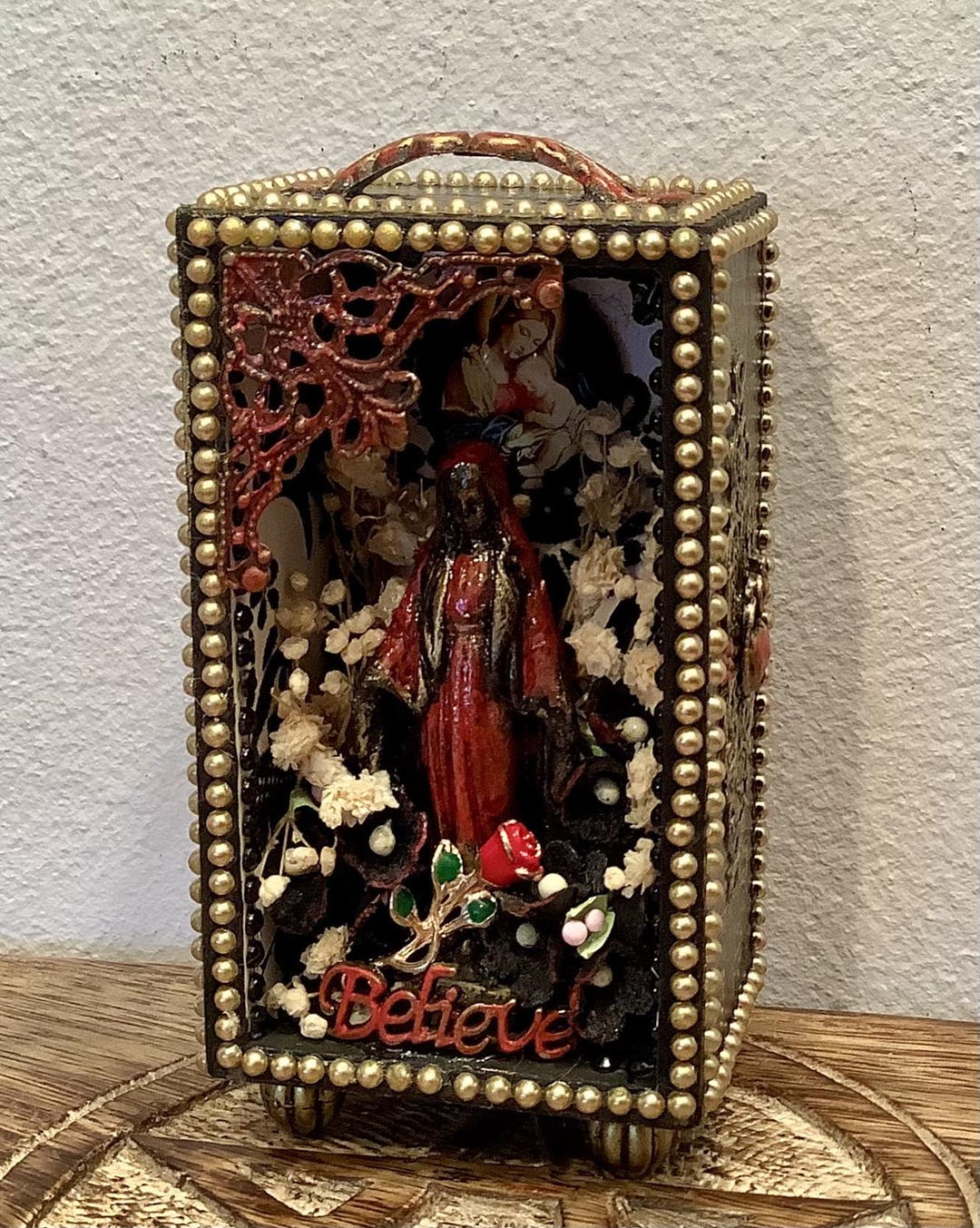 Virgin Mary, Small Wooden Shrine, Ornate, Portable Altar, Diorama ...