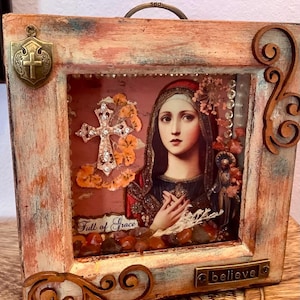Virgin Mary, Framed Shrine, Collage, Catholic, Christian, Diorama, Shadow Box, Distressed Antique Style, Shabby Chic, Mixed Media, Unique