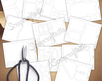 Op de afbeelding: Een set met printbare papieren knutselvormen met verschillende vormen, waaronder labels, enveloppen, strikken, bloemen en cijfers. De sjablonen zijn ontworpen om uit te knippen en te knutselen.