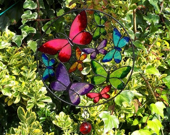 Butterfly Circle Windchime - Suncatcher - Great Garden Ornament - Ready to Hang -  Stain Glass Effect Suncatcher - Very Colourful
