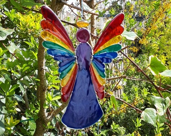 Rainbow Angel Suncatcher with beads -stain glass effect- very colourful- ready to hang indoor/outdoor- garden- conservatory- window