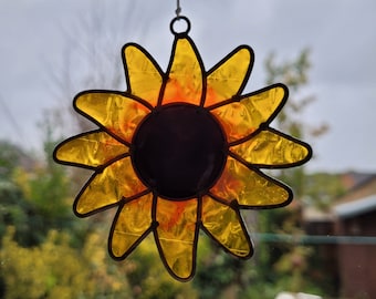 Sunflower Suncatcher - stain glass effect - very colourful - ready to hang indoor/outdoor - garden - conservatory - window.