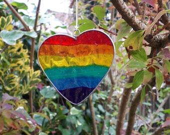 Rainbow Heart Suncatcher - stain glass effect - very colourful - ready to hang indoor/outdoor - garden - conservatory - window.