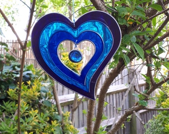 Blue Hanging Heart Suncatcher - stain glass effect - very colourful - ready to hang indoor/outdoor - garden - conservatory - window.