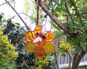 Bee and Honeycomb Suncatcher - stain glass effect - very colourful - ready to hang indoor/outdoor - garden - conservatory - window.