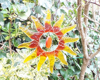 Orange Sun Suncatcher - stain glass effect - very colourful - Fairtrade - ready to hang indoor/outdoor - garden - conservatory - window