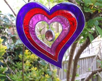 Hanging Heart Suncatcher - stain glass effect - very colourful - ready to hang indoor/outdoor - garden - conservatory - window.