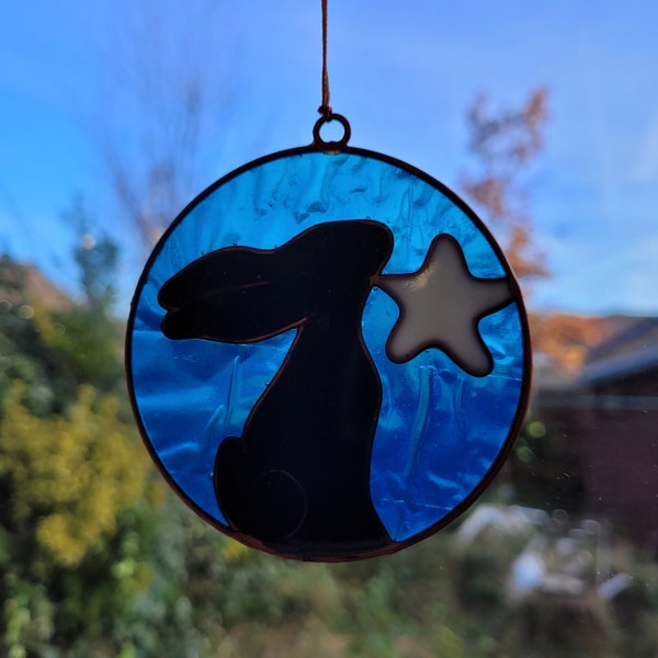 Moon Gazing Hare with Star Suncatcher - stain glass effect - very colourful - ready to hang indoor/outdoor - garden - conservatory - window.