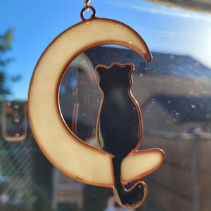 Cat and Moon Suncatcher stain glass effect very colourful ready to hang indoor/outdoor garden conservatory window. image 2