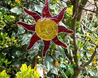 Red Yellow Sun Suncatcher with beads - stain glass effect - very colourful - ready to hang indoor/outdoor - garden - conservatory - window