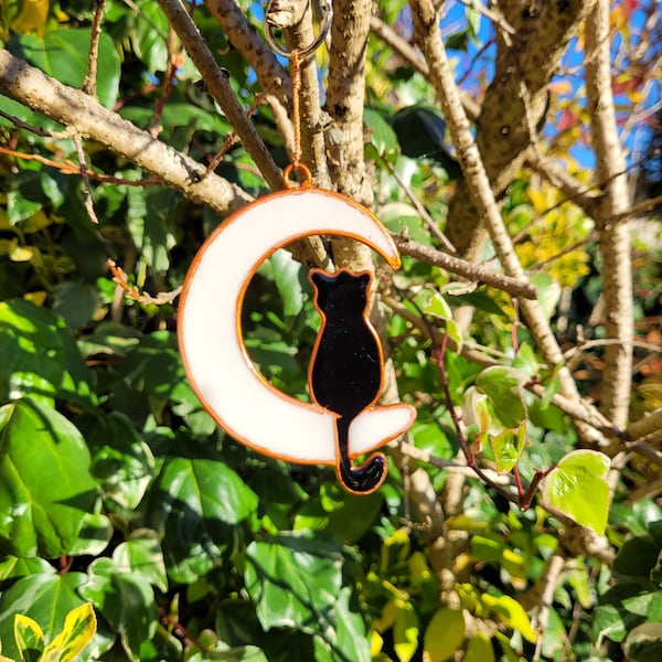 Cat and Moon Suncatcher - stain glass effect - very colourful - ready to hang indoor/outdoor - garden - conservatory - window.