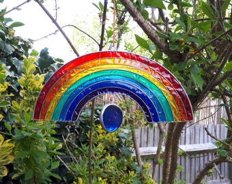 Rainbow Suncatcher With Droplet - stain glass effect - very colourful - ready to hang indoor/outdoor - garden - conservatory - window.