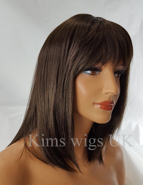 Ladies Womens Shoulder Length Dark Brown Razor Cut Synthetic Wig