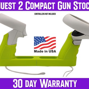 May include: A green and white VR gun stock accessory for the Oculus Quest 2. The stock is made in the USA and has a 30-day warranty. "CONTROLLERS NOT INCLUDED" is printed on the stock.