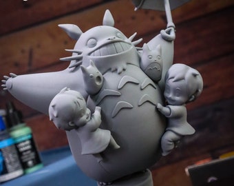 Chibi Flying Forest Spirit Cat with Cute Kids, Diorama Kit, 3D Printed Resin, Anime Gift