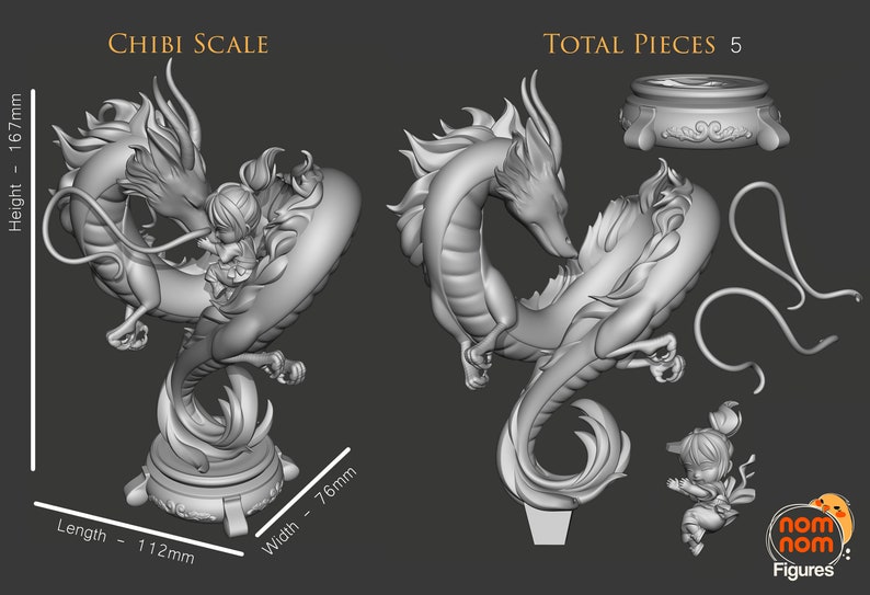 K&ouml;nnte beinhalten: Ein 3D-gedrucktes Modell eines Chibi-Drachen, der eine kleine Figur h&auml;lt. Der Drache ist in Herzform gekr&uuml;mmt und hat ein detailliertes Design. Das Modell ist 16,7 cm hoch, 11,2 cm lang und 7,6 cm breit. Das Modell ist aus grauem Kunststoff und bereit zum Bemalen.  TOTAL PIECES 5