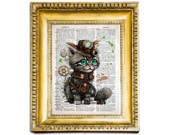 Green Eyes Kitten - Steampunk Dictionary Art Print, Fine Art Print, Funny Animal, Perfect Gift