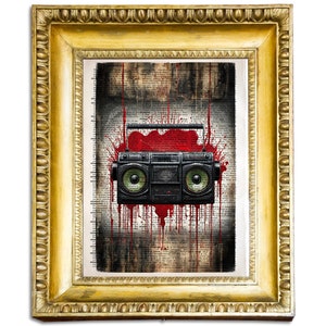 Bloody Melodies: Abstract Boombox Unraveling Haunting Music Poster Dictionary Art, Fine Art Print, Creepy Retro Hi-Fi, Perfect Gift For Him