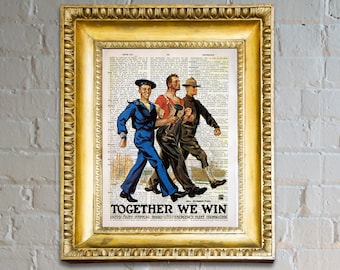Together We Win - Poster Literary Gift, Dictionary Page, Vintage Poster, World War I, Office Decor, Historical Poster, U.S. Army