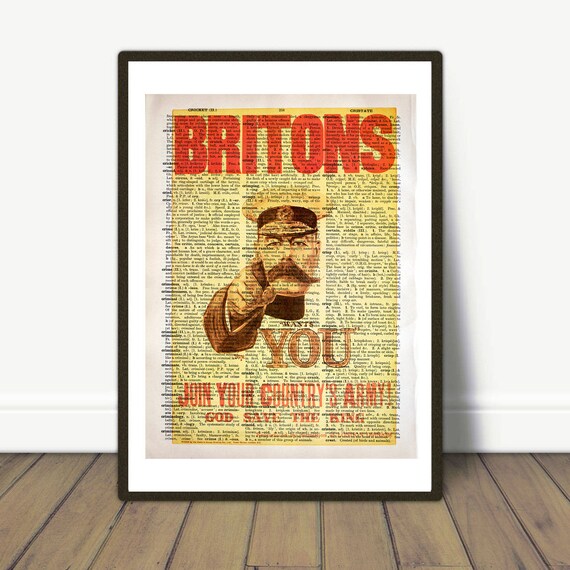 Britons: Join Your Country's Army Poster Literary Gift, Real Vintage Page,  Dictionary, Army Poster, Vintage Poster, World War I 