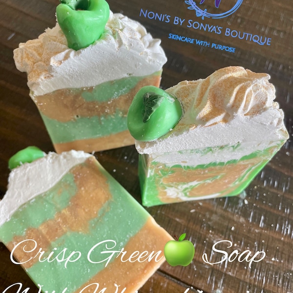 Crisp Green Apple Artisan Soap with whipped cream topping.  Thick lather bubbly 5oz soap bar. Sealed packaging with label.