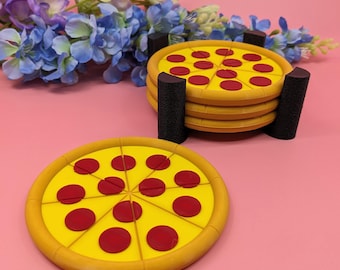 Pizza Drink Coaster, Single Coaster or Set of 4 w/wo Holder, Restaurant Pizza Parlor Table Decor, Movie Theater, Fits up to 3.5 inch Cups