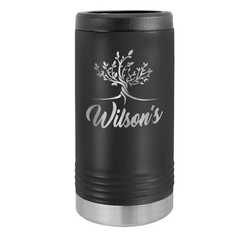 May include: Black stainless steel can cooler with a silver bottom. The cooler has a tree design and the text "Wilson's" engraved on the side.