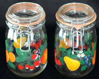 Mid-Century glass canister with metal hinge Les Bocaux Le Parfait Super canister 1 L fruit decals Glass food preservation