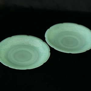 1940s 2 Fire King Jadeite Alice pattern saucers 6&quot; diameter Jadeite collectors Sea green vanity trays Spring decor Summer decor