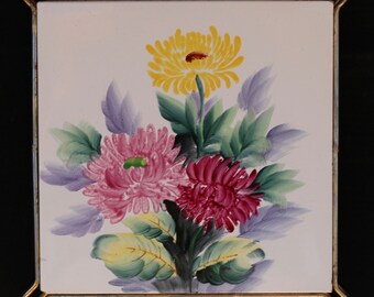 Mid century trivet/potholder Hand painted floral ceramic tile Metal frame Pink yellow Country Farmhouse kitchen Hostess gift Spring decor
