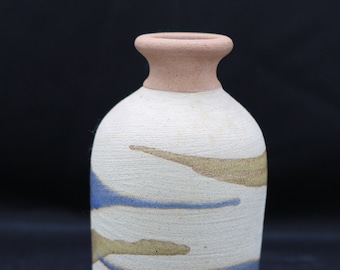 Vintage Alfadom stoneware vase in blue and olive green made in Dominican Republic
