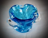 Mid century 5,5 quot wide Murano style Chalet glass blue hand blown ashtray bowl Canadian glass Winter tablescape Blue decor