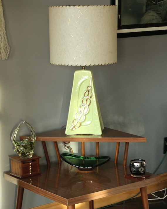 Mid century Modern UNIQUE Atomic Table Lamp Chartreuse and Gold