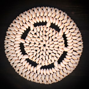Puede incluir: Un posavasos circular hecho de conchas marinas naturales dispuestas en espiral. Las conchas son de color beige claro y tienen un acabado liso y pulido.