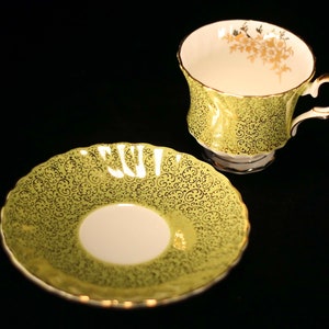1960s RARE Queen Anne Bone China teacup & saucer Green and Gold gilding Tea party Tea lover gift Tea cup collector Hollywood Regency