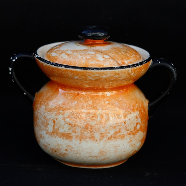 Antique Czecho-slavia orange and black ceramic sugar bowl Tea canister Country kitchen Farmhouse kitchen Czech pottery