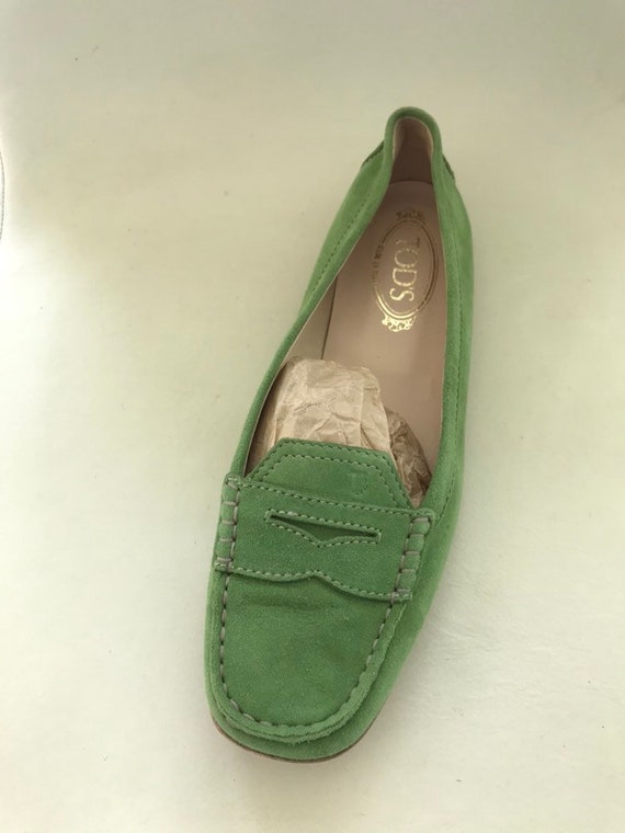 green suede loafers