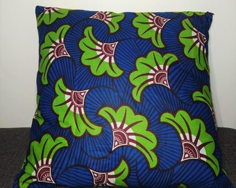 Housse de coussin wax - Fleur de mariage Vert sur Bleu