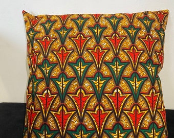 Housse de coussin wax - Motif Géométrique afro Orange Vert