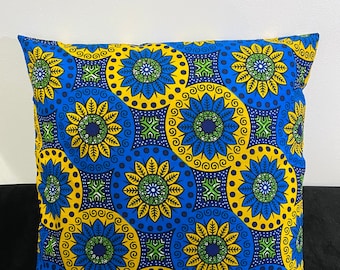 Housse de coussin wax - Motif Florale Jaune et Bleu