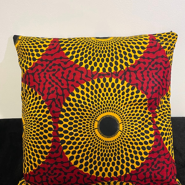 Housse de coussin wax - Cercles Jaunes sur Rouge